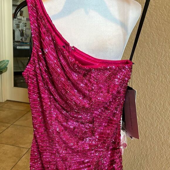 Primavera Couture Women's 0 One Shoulder Pink Sequin Mini Dress Barbiecore New - Picture 4 of 13